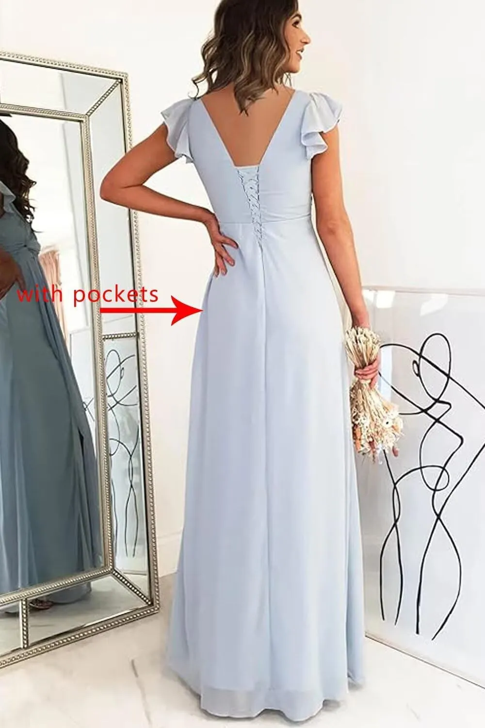 Bridesmaid Dresses for Women with Slit Long A Line Chiffon V Neck Sleeves Bridesmaid Dress for Wedding 2024