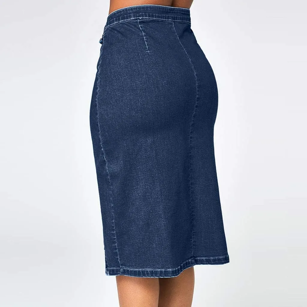 Button Jeans Women Fashion Denim Pencil Skirt High Waisted Blow Knee Blue Knit Skirts for Women Midi Length Jeans Skirts