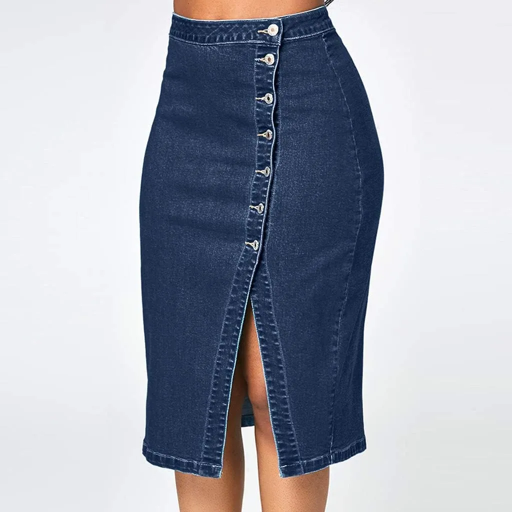 Button Jeans Women Fashion Denim Pencil Skirt High Waisted Blow Knee Blue Knit Skirts for Women Midi Length Jeans Skirts