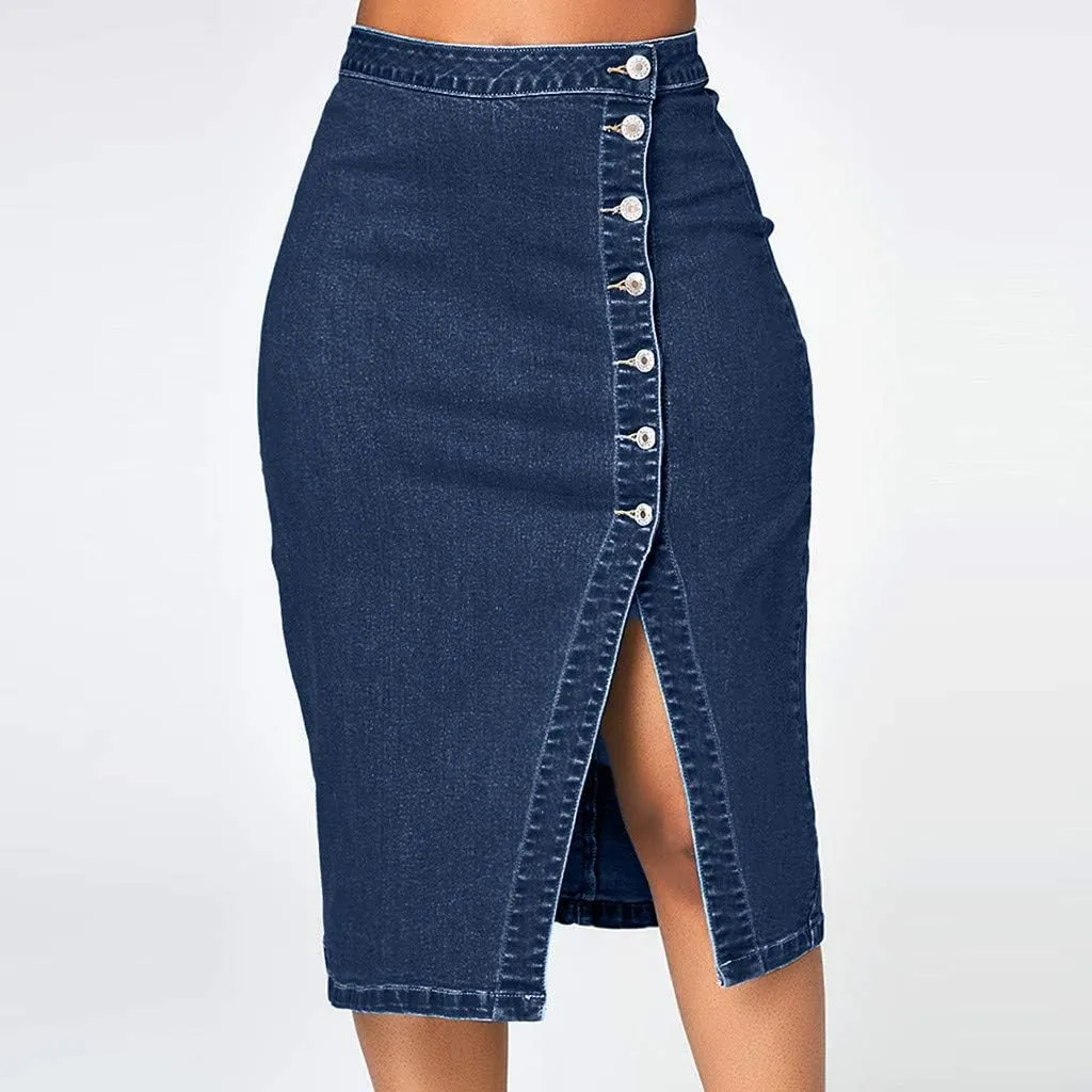 Button Jeans Women Fashion Denim Pencil Skirt High Waisted Blow Knee Blue Knit Skirts for Women Midi Length Jeans Skirts