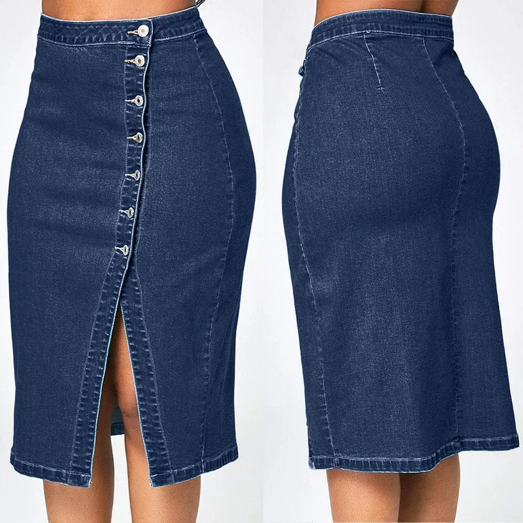 Button Jeans Women Fashion Denim Pencil Skirt High Waisted Blow Knee Blue Knit Skirts for Women Midi Length Jeans Skirts