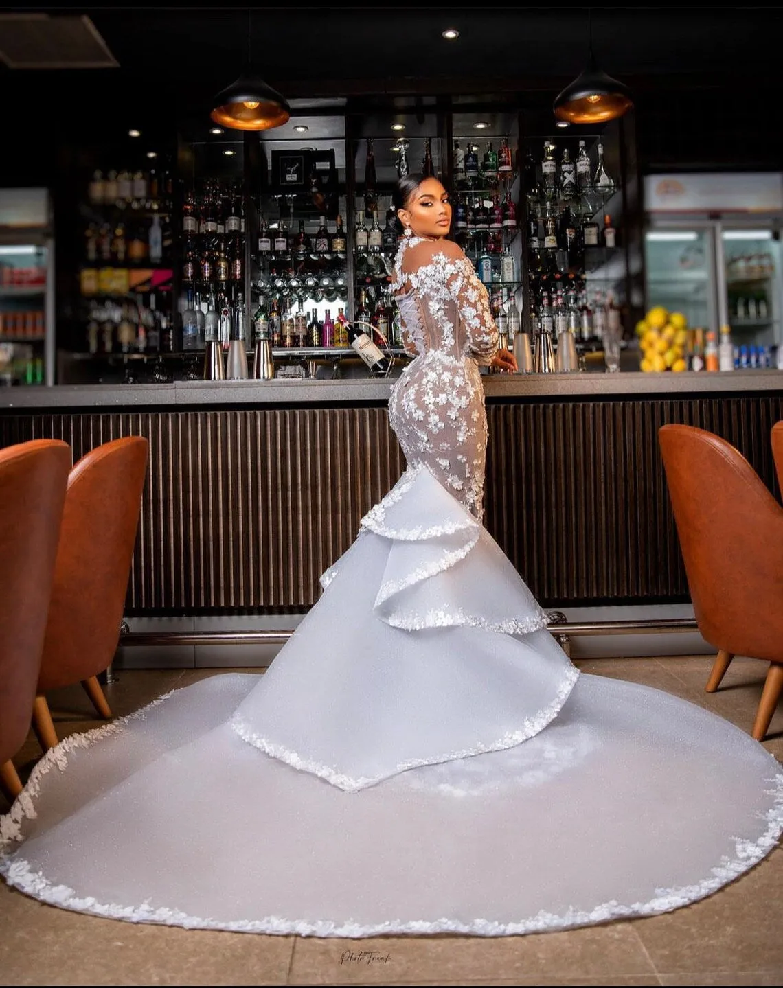C2023-SLL331 - sheer illusion neck line long sleeve wedding dress with cathedral train