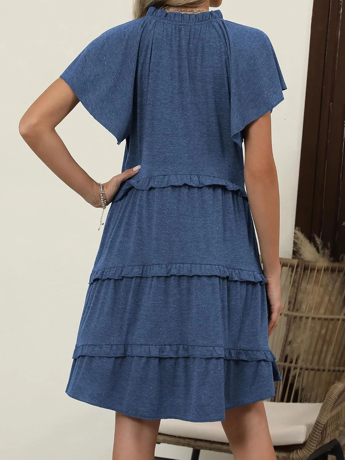 Caracilia Women Summer Casual V Neck Flutter Sleeve Sundress Boho Flowy Ruffle Tiered Spring Beach Vacation Short Mini Dress