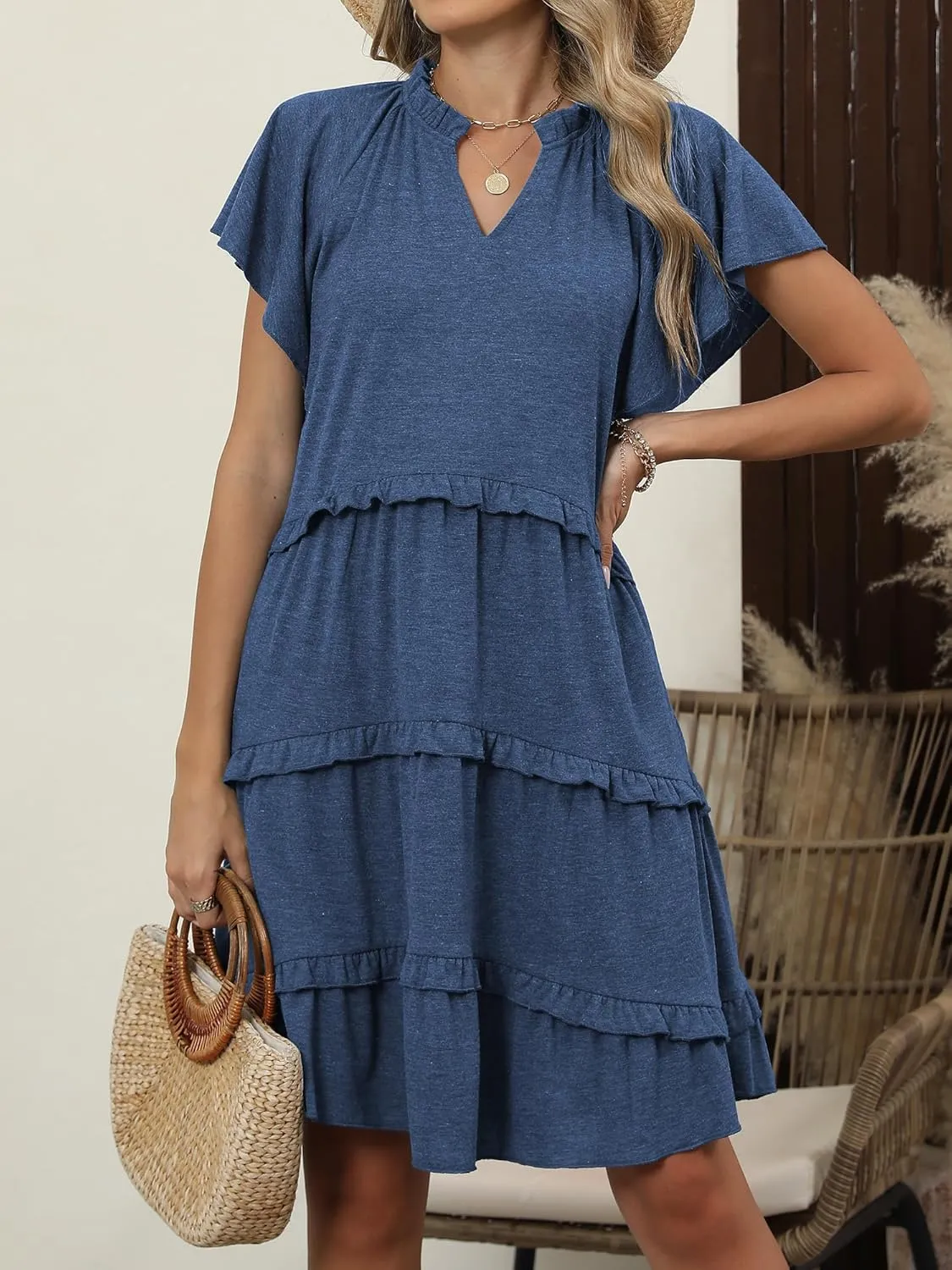 Caracilia Women Summer Casual V Neck Flutter Sleeve Sundress Boho Flowy Ruffle Tiered Spring Beach Vacation Short Mini Dress