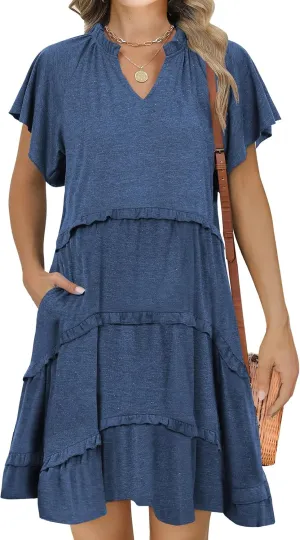 Caracilia Women Summer Casual V Neck Flutter Sleeve Sundress Boho Flowy Ruffle Tiered Spring Beach Vacation Short Mini Dress