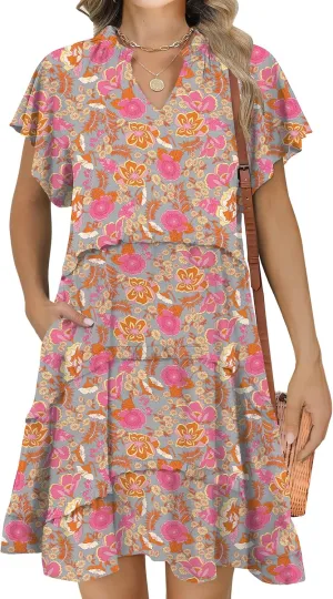 Caracilia Women Summer Casual V Neck Flutter Sleeve Sundress Boho Flowy Ruffle Tiered Spring Beach Vacation Short Mini Dress