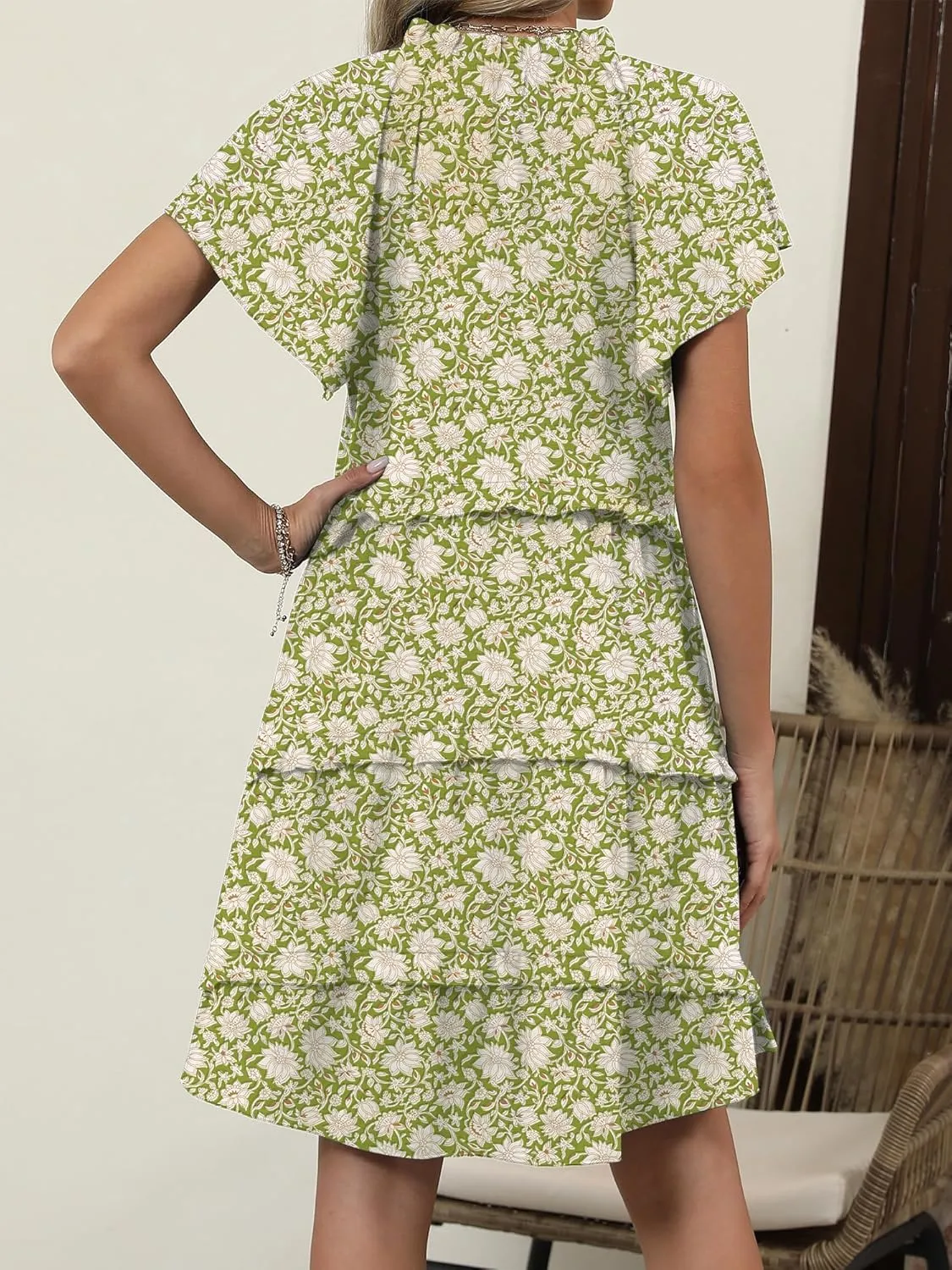 Caracilia Women Summer Casual V Neck Flutter Sleeve Sundress Boho Flowy Ruffle Tiered Spring Beach Vacation Short Mini Dress