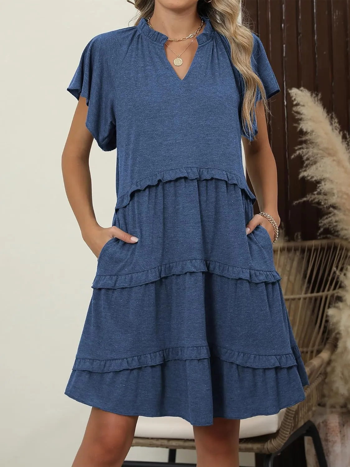 Caracilia Women Summer Casual V Neck Flutter Sleeve Sundress Boho Flowy Ruffle Tiered Spring Beach Vacation Short Mini Dress