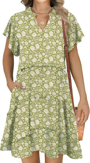 Caracilia Women Summer Casual V Neck Flutter Sleeve Sundress Boho Flowy Ruffle Tiered Spring Beach Vacation Short Mini Dress