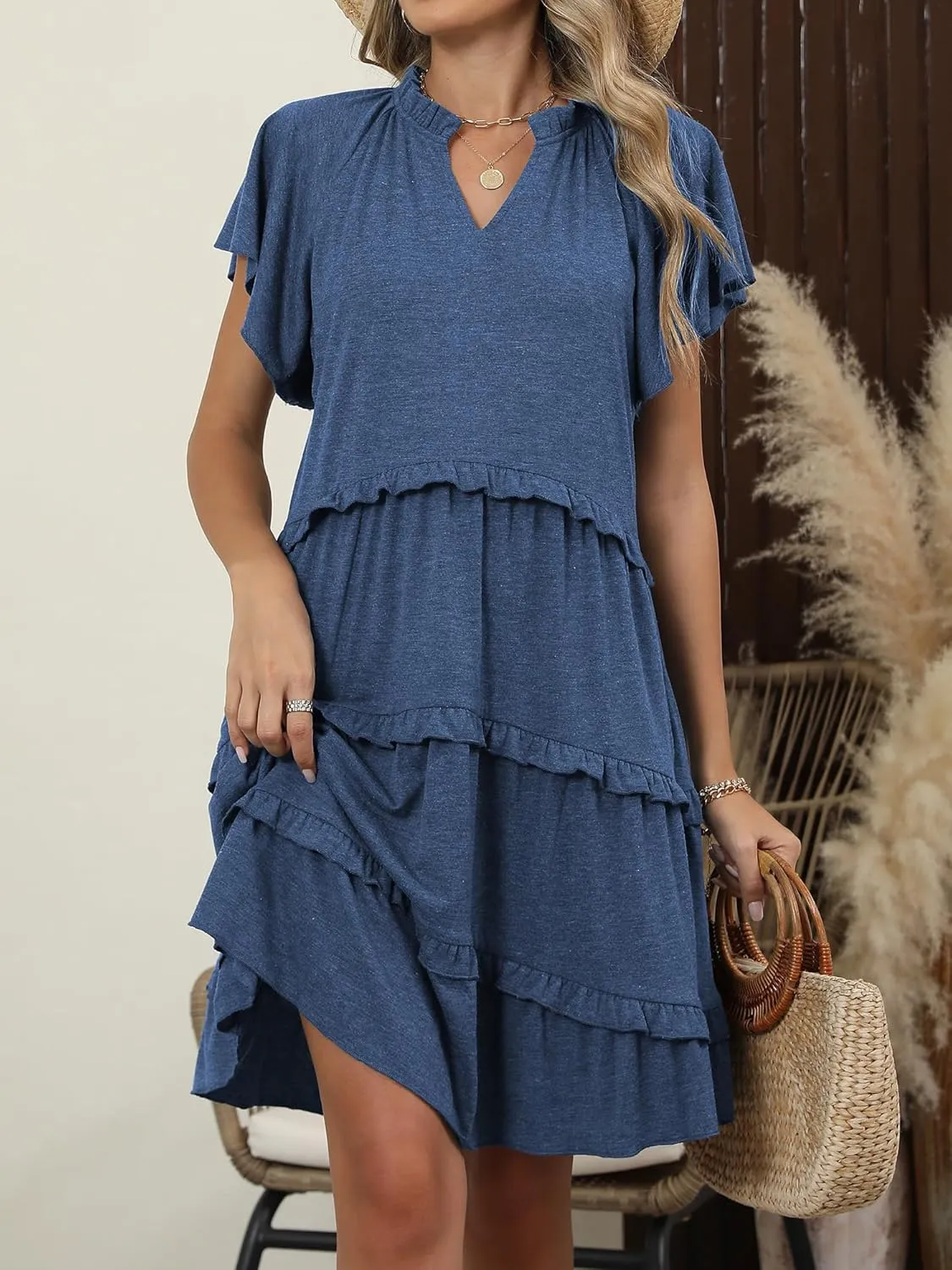 Caracilia Women Summer Casual V Neck Flutter Sleeve Sundress Boho Flowy Ruffle Tiered Spring Beach Vacation Short Mini Dress