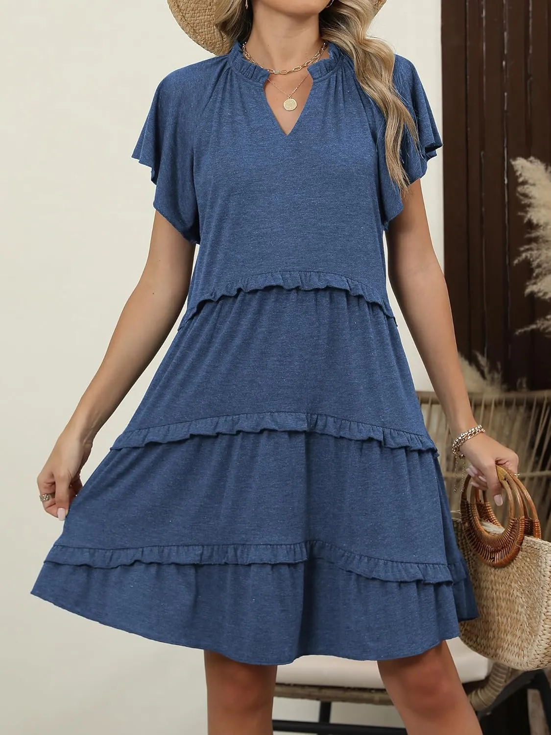 Caracilia Women Summer Casual V Neck Flutter Sleeve Sundress Boho Flowy Ruffle Tiered Spring Beach Vacation Short Mini Dress