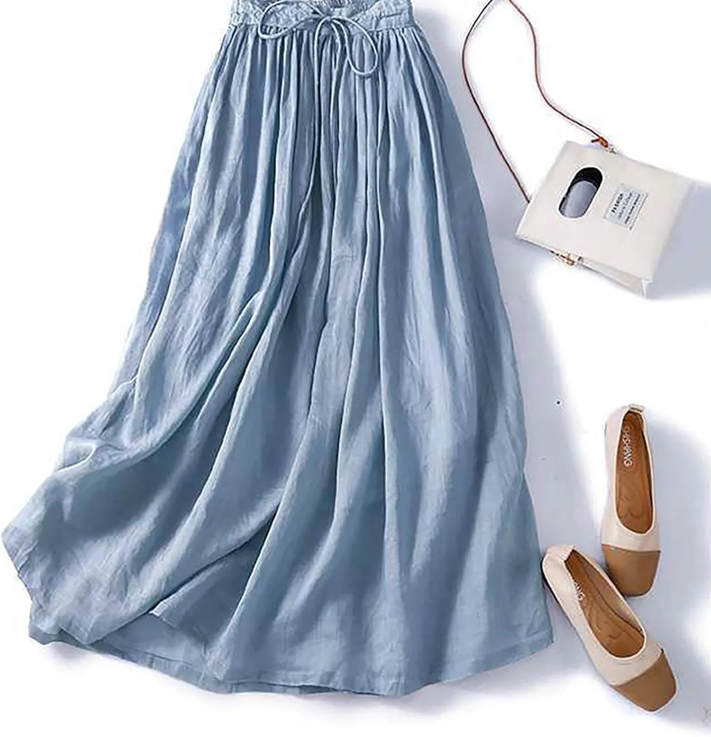 Casual Cotton Linen Summer Skirts for Women Flowy High Waisted A Line Long Skirt Lightweight Beach Dress