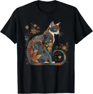 Cat Colorful Floral Patterns Vintage Flowers Art Cat Lover T-Shirt