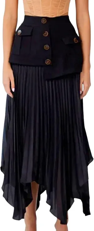 CHARTOU Women Dressy Asymmetrical Chiffon Maxi Skirt Flowy Patchwork A Line Long Pleated Skirt