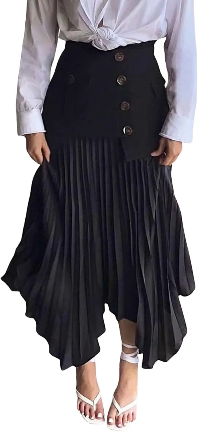 CHARTOU Women Dressy Asymmetrical Chiffon Maxi Skirt Flowy Patchwork A Line Long Pleated Skirt