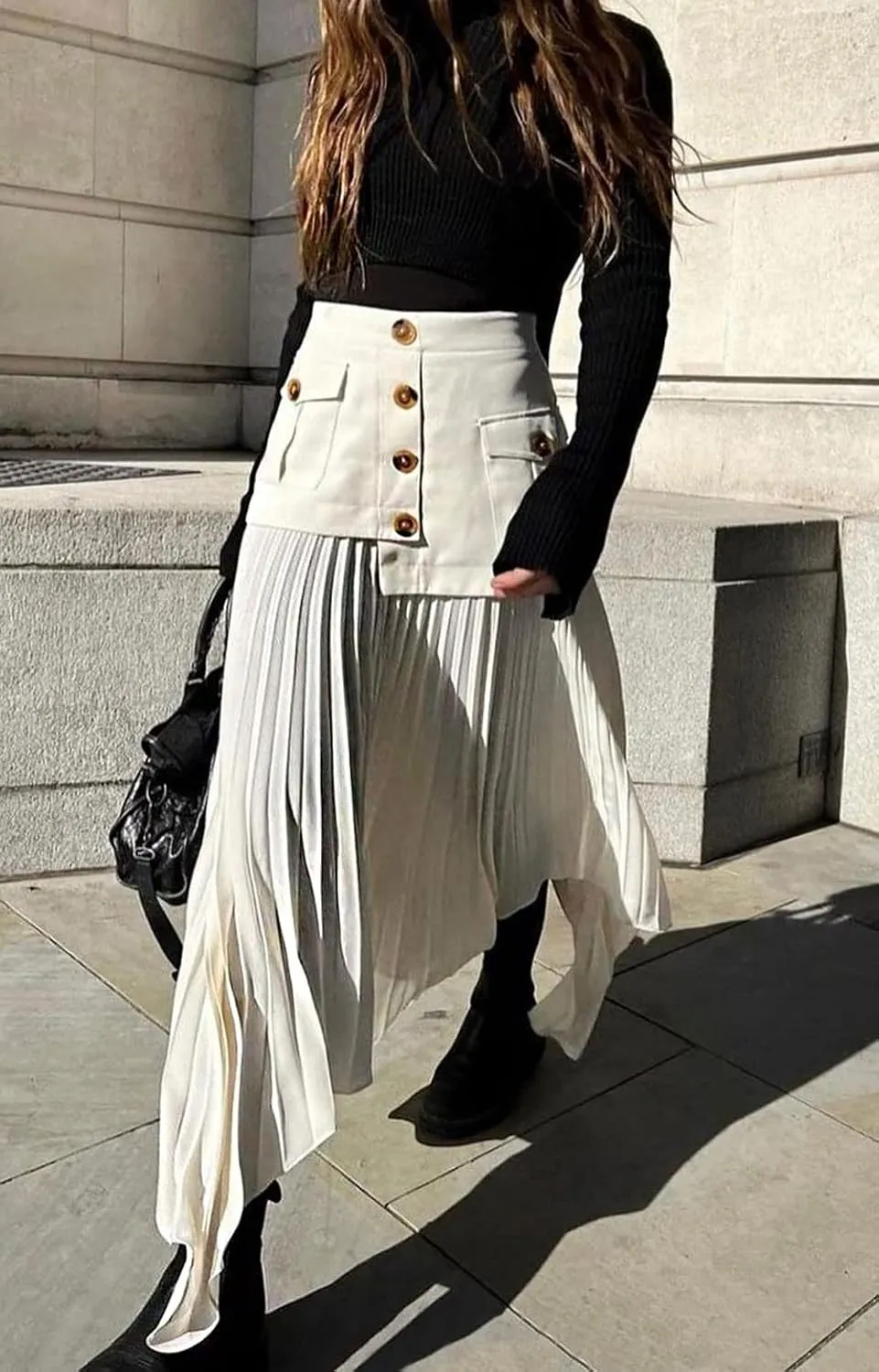 CHARTOU Women Dressy Asymmetrical Chiffon Maxi Skirt Flowy Patchwork A Line Long Pleated Skirt