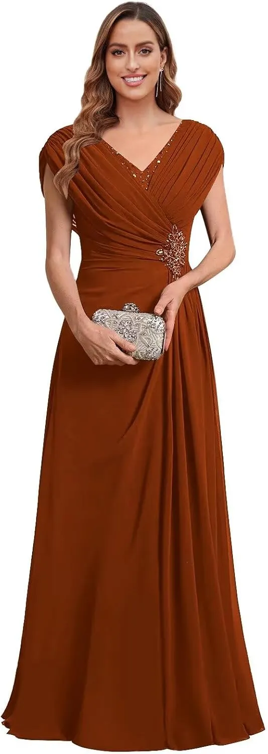 Chiffon Mother of The Bride Dresses for Women Long Lace Beaded A-Line Pleated Formal Evening Gown with Cap Sleeves