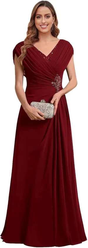 Chiffon Mother of The Bride Dresses for Women Long Lace Beaded A-Line Pleated Formal Evening Gown with Cap Sleeves
