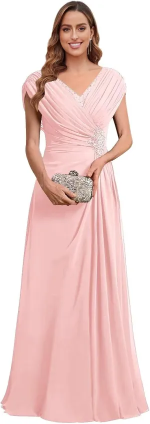 Chiffon Mother of The Bride Dresses for Women Long Lace Beaded A-Line Pleated Formal Evening Gown with Cap Sleeves