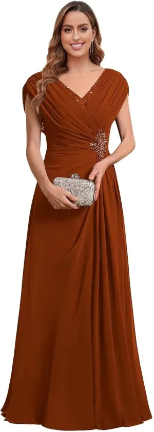 Chiffon Mother of The Bride Dresses for Women Long Lace Beaded A-Line Pleated Formal Evening Gown with Cap Sleeves