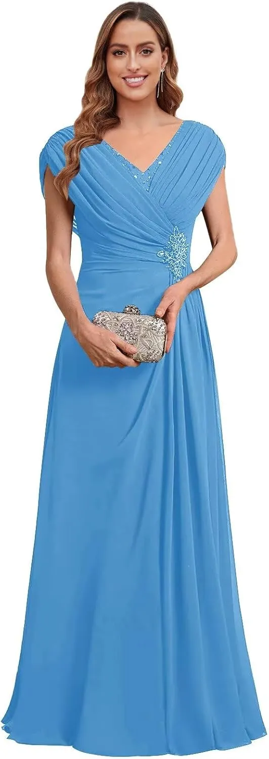 Chiffon Mother of The Bride Dresses for Women Long Lace Beaded A-Line Pleated Formal Evening Gown with Cap Sleeves