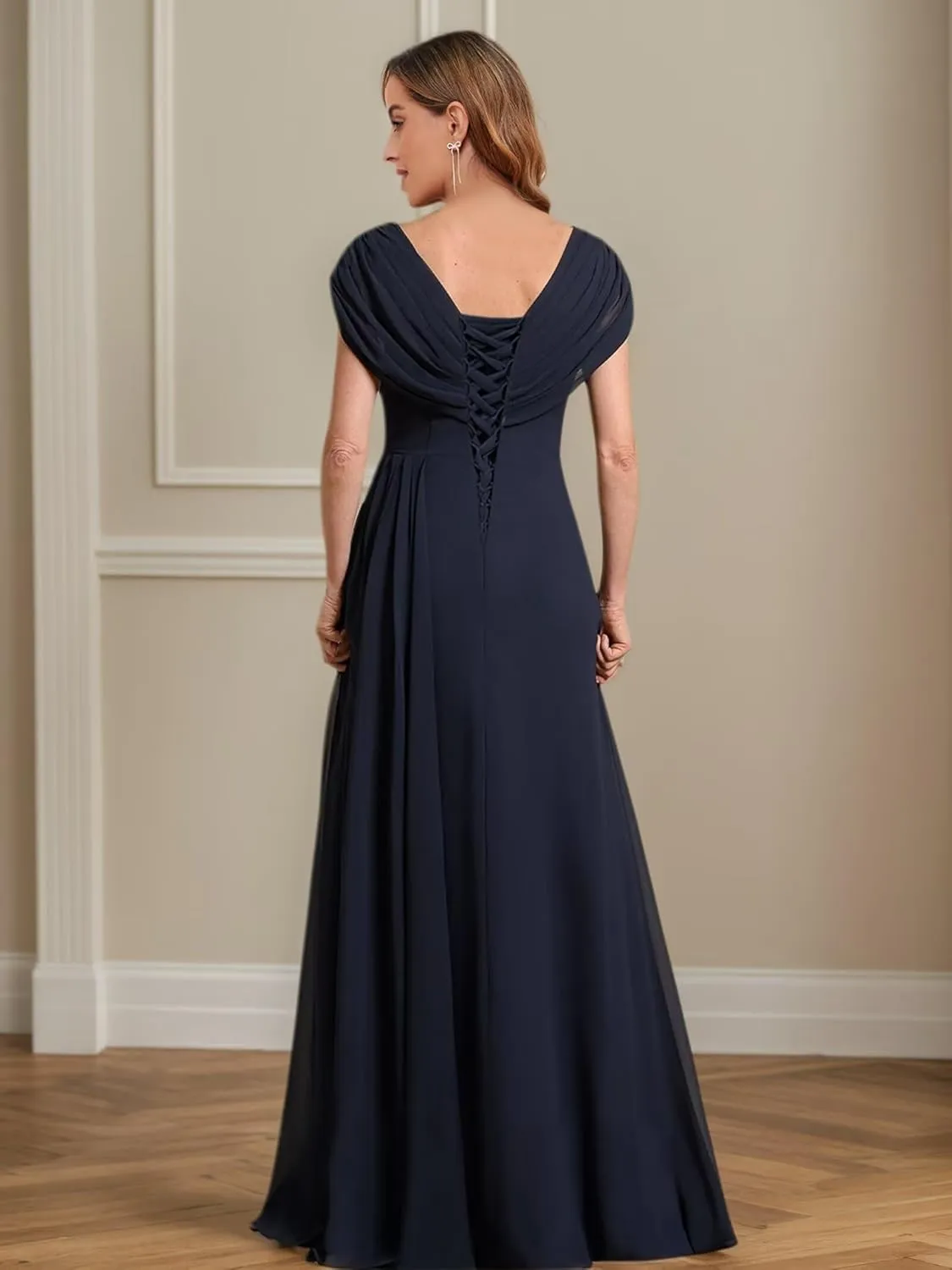 Chiffon Mother of The Bride Dresses for Women Long Lace Beaded A-Line Pleated Formal Evening Gown with Cap Sleeves