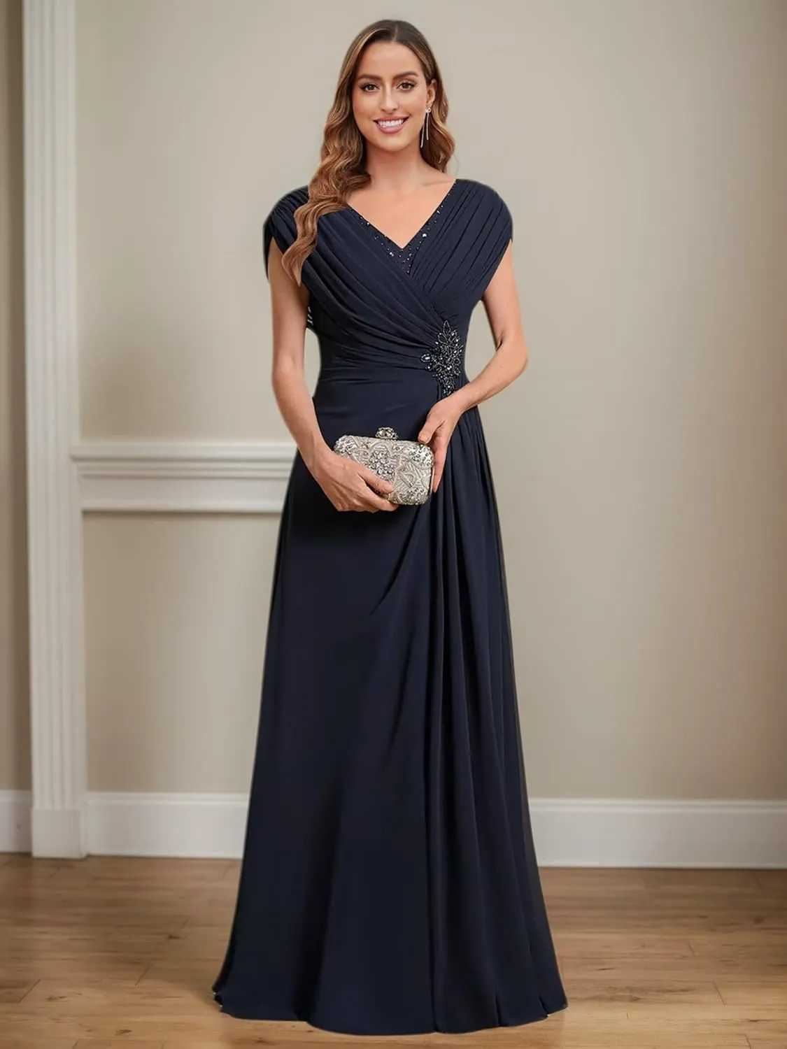 Chiffon Mother of The Bride Dresses for Women Long Lace Beaded A-Line Pleated Formal Evening Gown with Cap Sleeves
