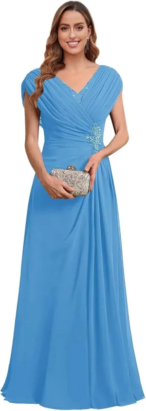 Chiffon Mother of The Bride Dresses for Women Long Lace Beaded A-Line Pleated Formal Evening Gown with Cap Sleeves