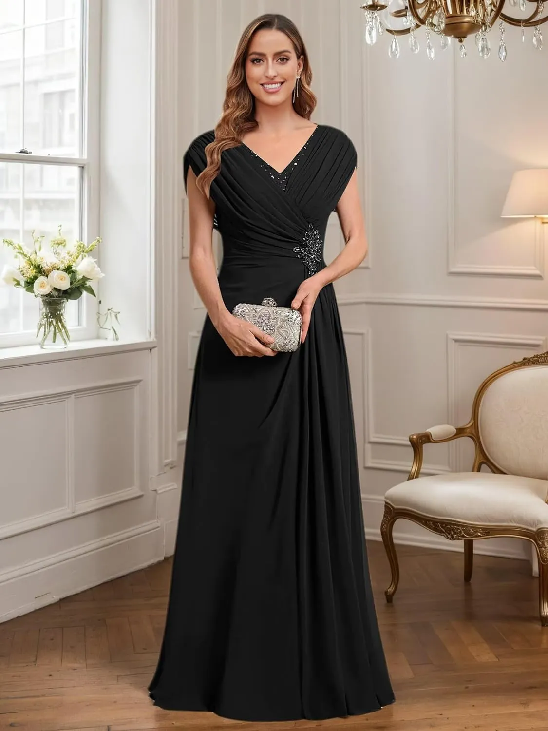 Chiffon Mother of The Bride Dresses for Women Long Lace Beaded A-Line Pleated Formal Evening Gown with Cap Sleeves