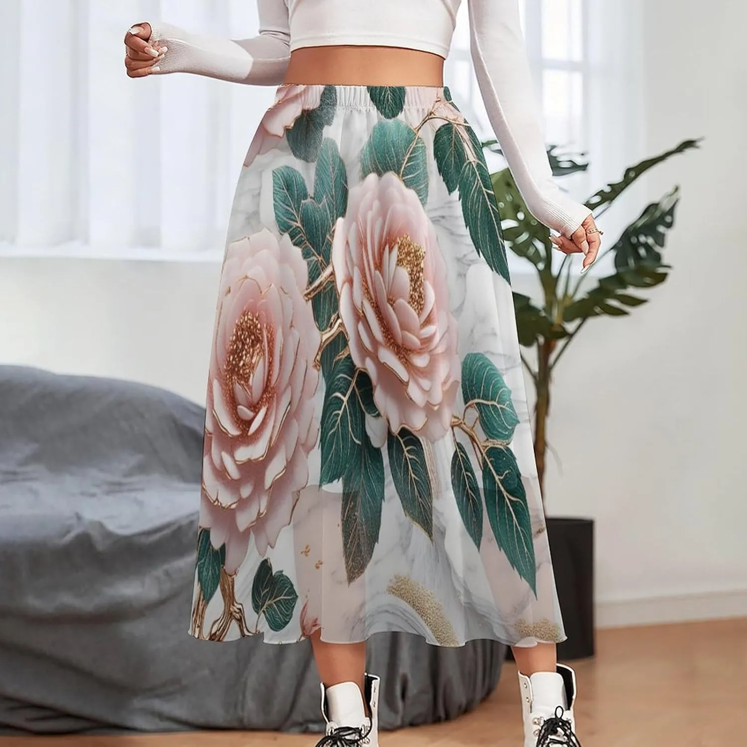 Chiffon Skirts for Women Midi Length Elastic Waist Casual Women's Flowy Maxi Skirts