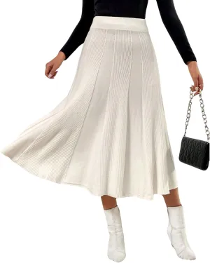 chouyatou Women's Elegant A-Line Pleated Knit Skirt Casual Elastic Waist Swing Knitted Midi Long Skirt