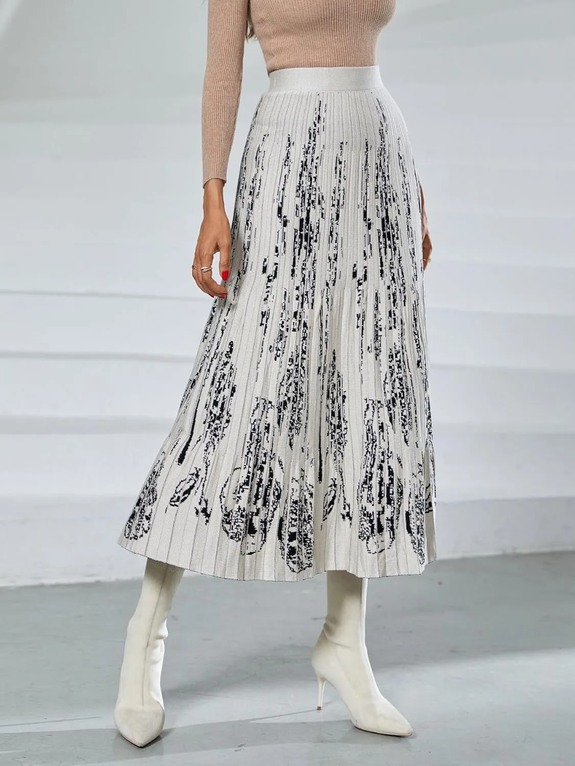 chouyatou Women's Fall Winter Floral Pattern Pleated Knit Skirt Elastic Waist Swing Sweater Midi Long Skirt
