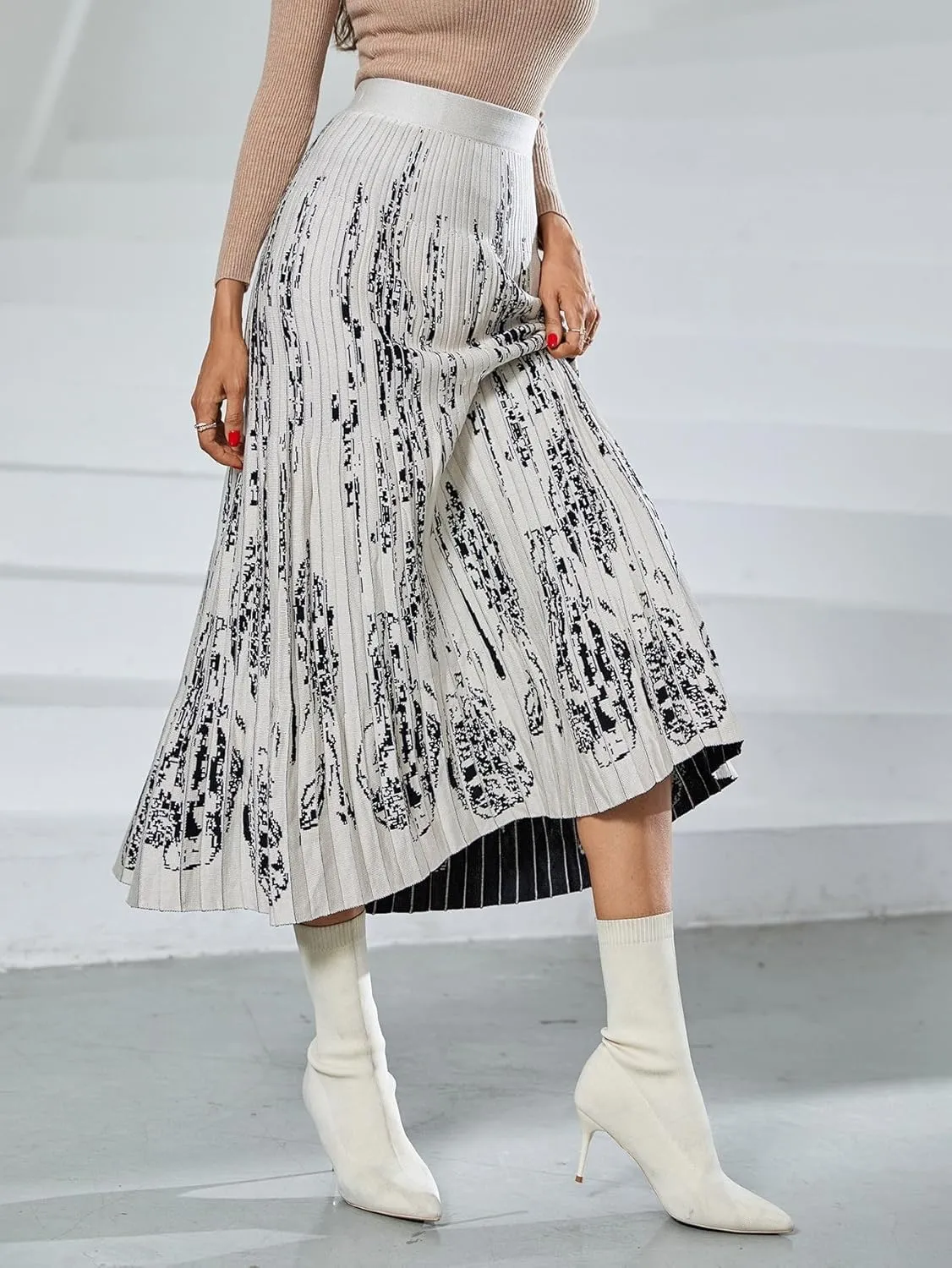 chouyatou Women's Fall Winter Floral Pattern Pleated Knit Skirt Elastic Waist Swing Sweater Midi Long Skirt