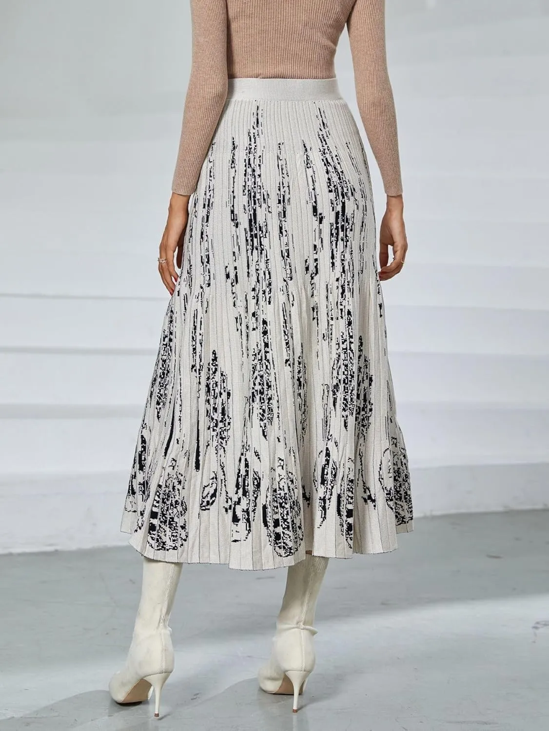 chouyatou Women's Fall Winter Floral Pattern Pleated Knit Skirt Elastic Waist Swing Sweater Midi Long Skirt