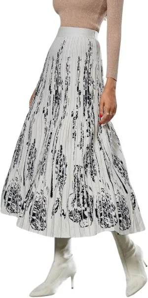 chouyatou Women's Fall Winter Floral Pattern Pleated Knit Skirt Elastic Waist Swing Sweater Midi Long Skirt