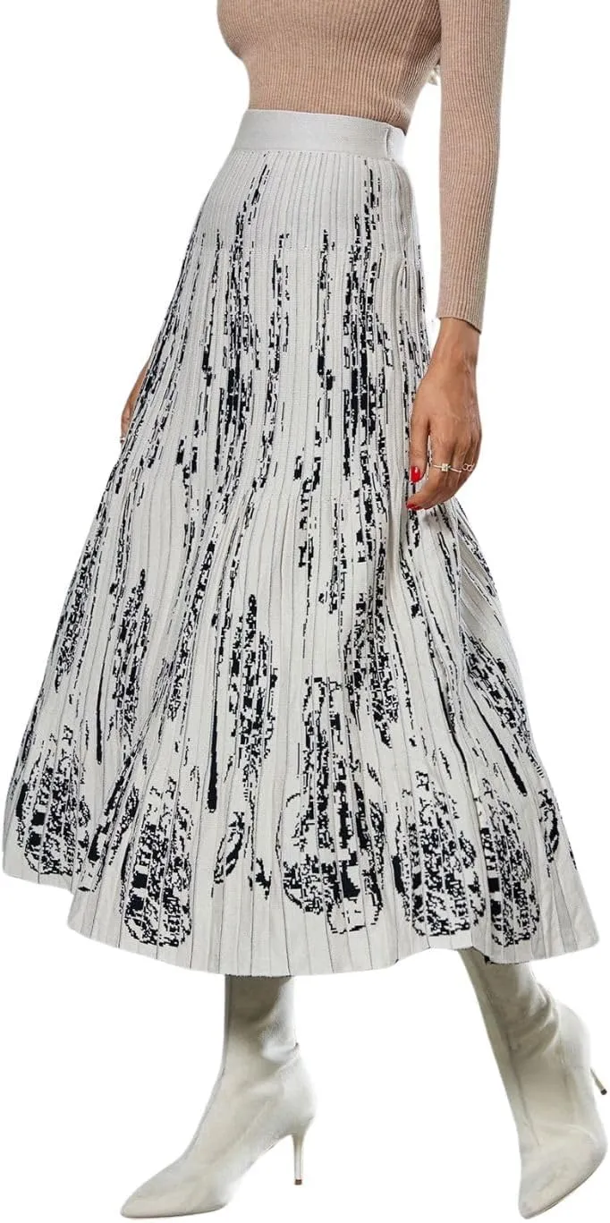 chouyatou Women's Fall Winter Floral Pattern Pleated Knit Skirt Elastic Waist Swing Sweater Midi Long Skirt