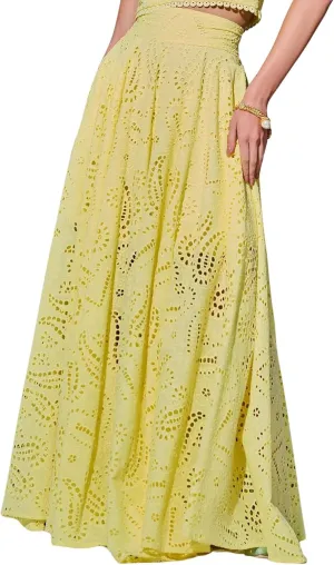 chouyatou Women's Hollow Out Eyelet Maxi Boho Skirt Back Smocked Waist Lace Floral Flowy Long Skirt with Pockets