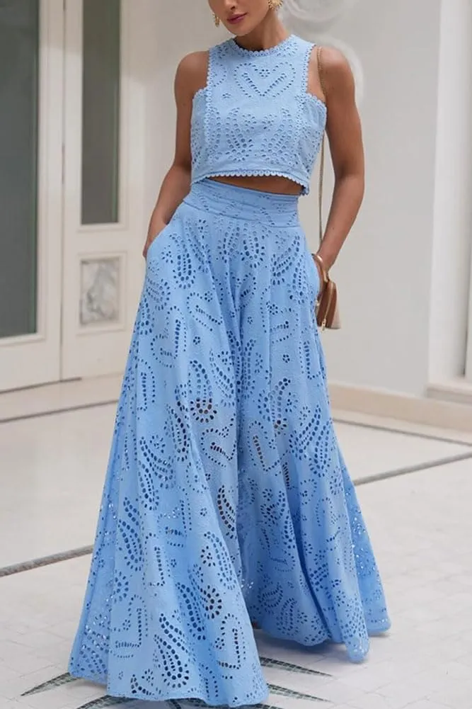 chouyatou Women's Hollow Out Eyelet Maxi Boho Skirt Back Smocked Waist Lace Floral Flowy Long Skirt with Pockets