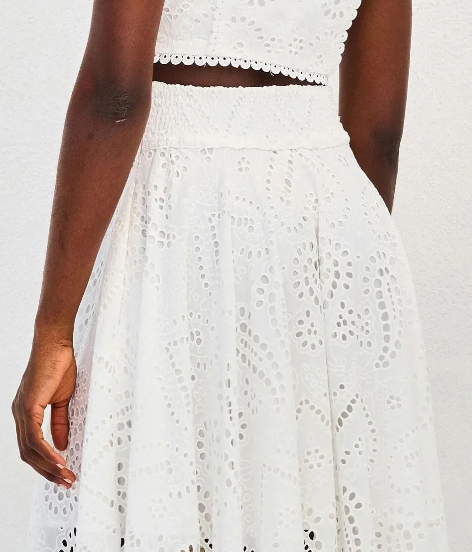 chouyatou Women's Hollow Out Eyelet Maxi Boho Skirt Back Smocked Waist Lace Floral Flowy Long Skirt with Pockets