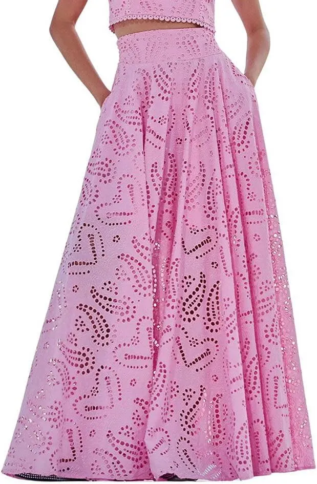 chouyatou Women's Hollow Out Eyelet Maxi Boho Skirt Back Smocked Waist Lace Floral Flowy Long Skirt with Pockets