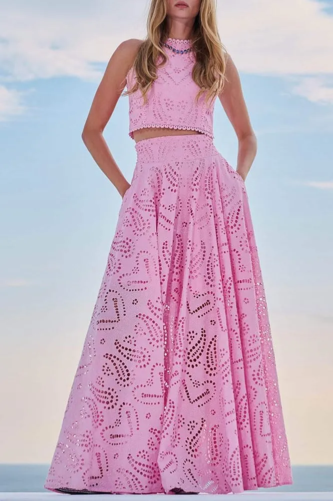 chouyatou Women's Hollow Out Eyelet Maxi Boho Skirt Back Smocked Waist Lace Floral Flowy Long Skirt with Pockets