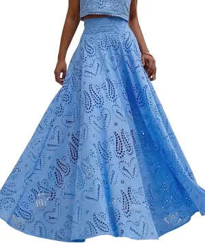 chouyatou Women's Hollow Out Eyelet Maxi Boho Skirt Back Smocked Waist Lace Floral Flowy Long Skirt with Pockets