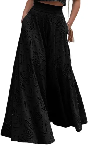 chouyatou Women's Hollow Out Eyelet Maxi Boho Skirt Back Smocked Waist Lace Floral Flowy Long Skirt with Pockets
