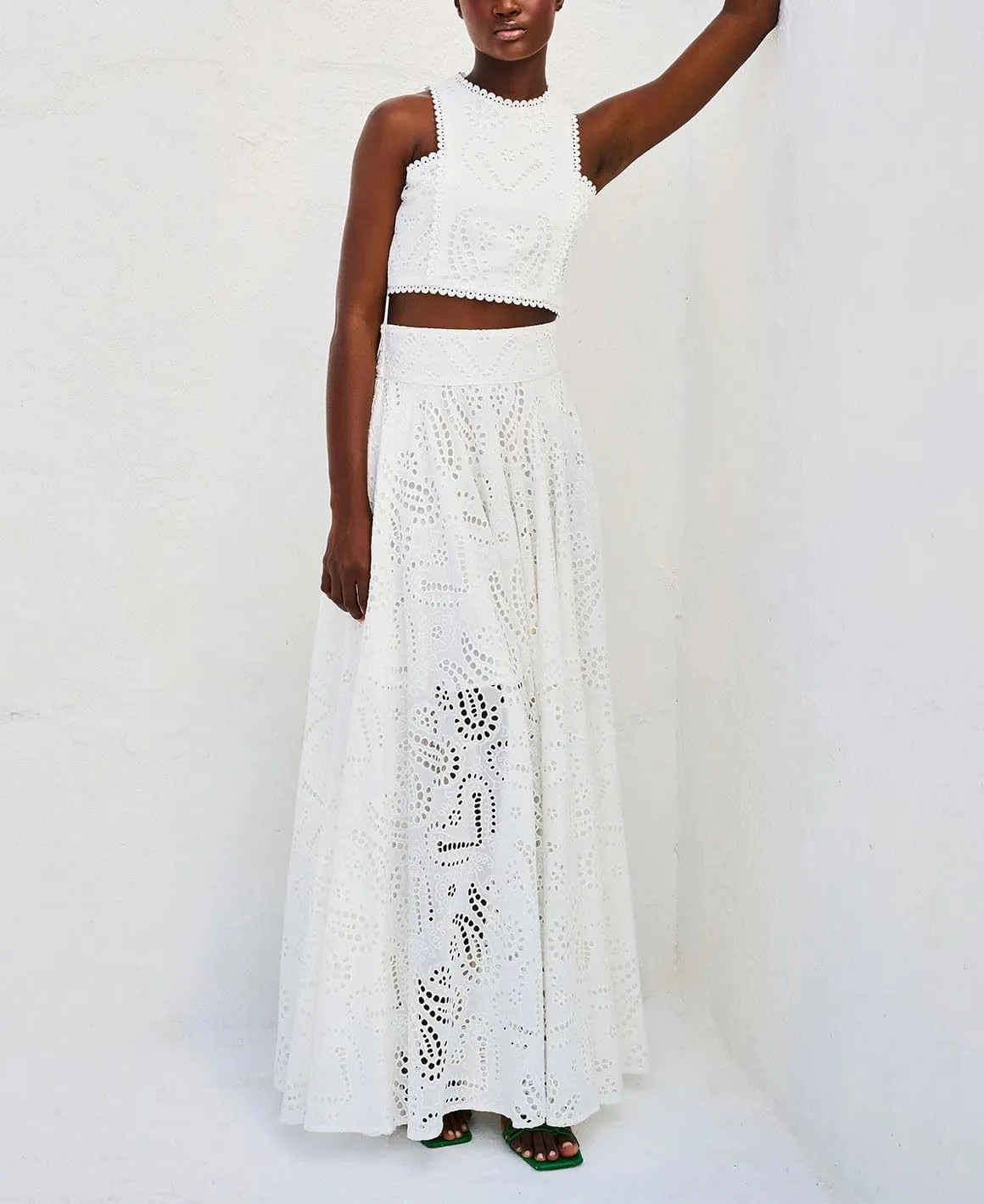 chouyatou Women's Hollow Out Eyelet Maxi Boho Skirt Back Smocked Waist Lace Floral Flowy Long Skirt with Pockets