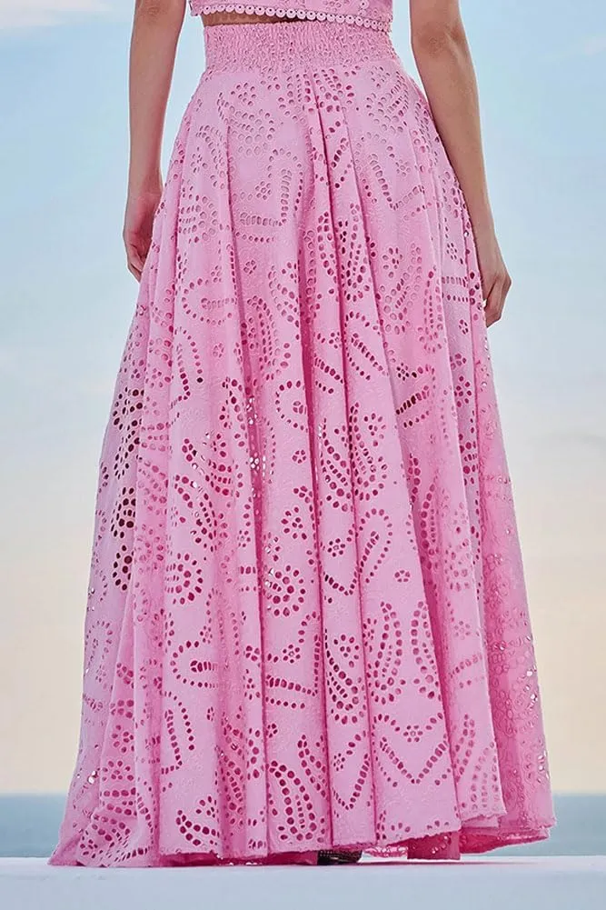 chouyatou Women's Hollow Out Eyelet Maxi Boho Skirt Back Smocked Waist Lace Floral Flowy Long Skirt with Pockets