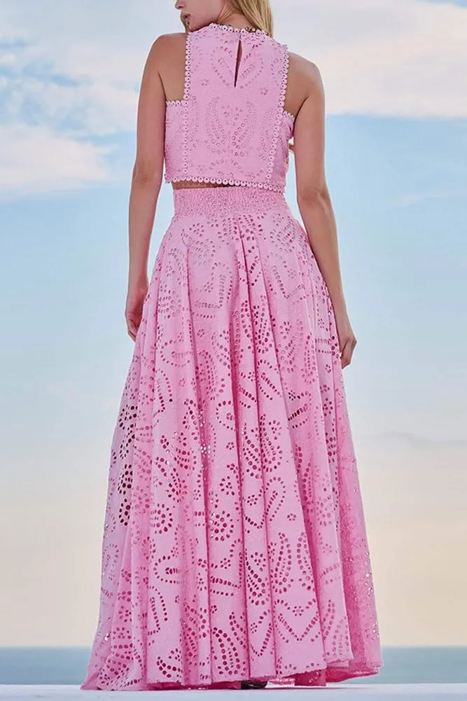 chouyatou Women's Hollow Out Eyelet Maxi Boho Skirt Back Smocked Waist Lace Floral Flowy Long Skirt with Pockets