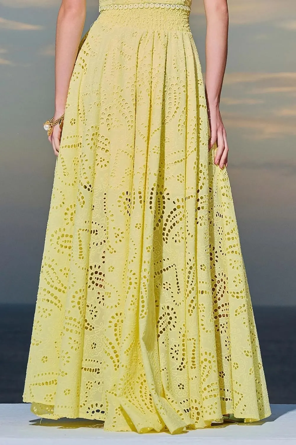 chouyatou Women's Hollow Out Eyelet Maxi Boho Skirt Back Smocked Waist Lace Floral Flowy Long Skirt with Pockets