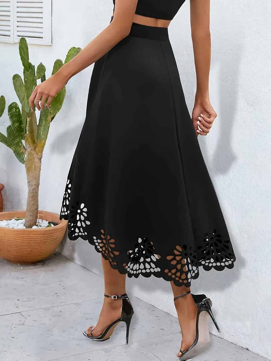 chouyatou Women's Plain Hollow Out Eyelet Boho Skirt Asymmetrical High Low Hem Business Casual Midi Long Skirt