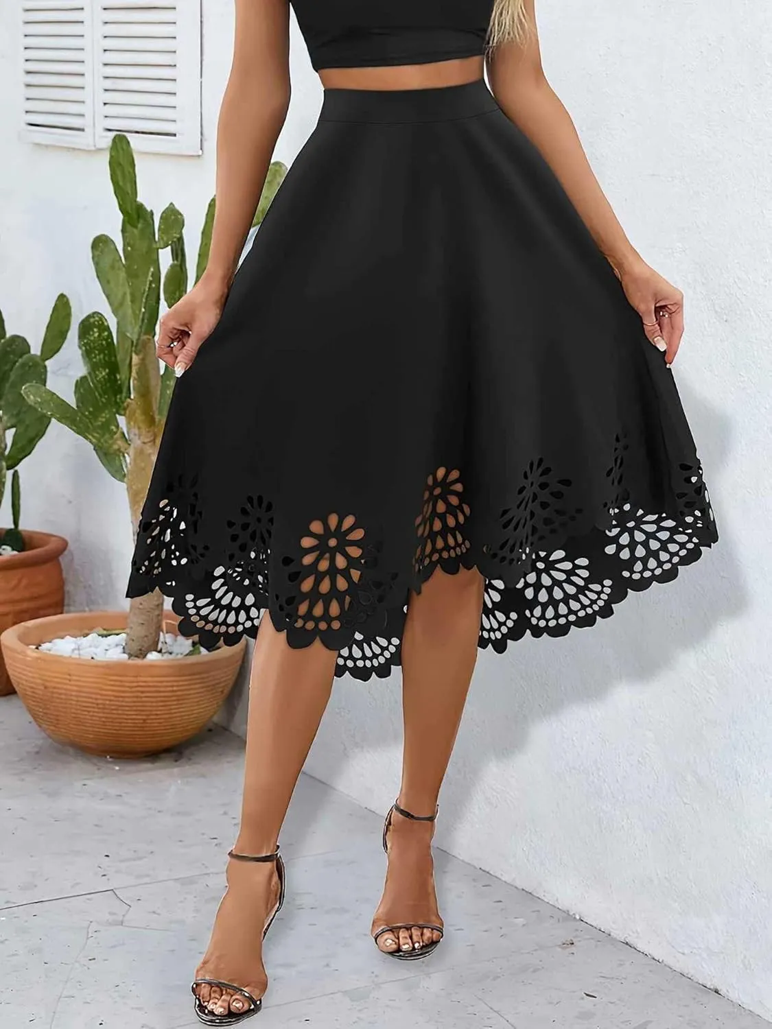 chouyatou Women's Plain Hollow Out Eyelet Boho Skirt Asymmetrical High Low Hem Business Casual Midi Long Skirt