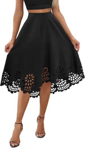chouyatou Women's Plain Hollow Out Eyelet Boho Skirt Asymmetrical High Low Hem Business Casual Midi Long Skirt